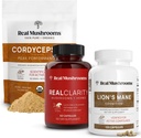 Real Mushrooms RealClarity (60ct) & Lions Mane (120ct) Κάψουλες w/Cordyceps Powder Bundle - Mushroom Supplement for Mental Clarity, Focus, Cognition, Energy & Vitality - Vegan, Non-GMO
