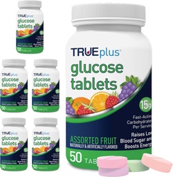 TRUEplus® Glucose Tables, Ποικιλία Γεύσης (Γκραπ, Βατόμουρο, Πορτοκαλί) - 50ct Μπουκάλι - 6 Συσκευασία