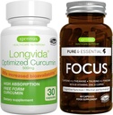Longvida Lipida Curcumin 500mg + Focus Brain Booster Vegan Bundle, Ultra Bioδιαθέσιμη κουρκουμίνη + καφεΐνη, L-Θεανίνη, Ταυρίνη & L-Τυροσίνη, B-Βιταμίνη, Ψευδάργυρος & Χαλκός, από Igenus