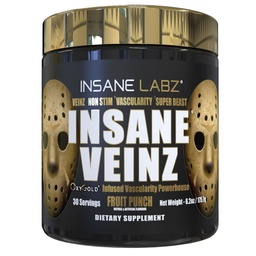 Insane Labz Insane Veinz Gold, Nitric Oxide Non Simulant πριν από την προπόνηση σκόνη, Φορτωμένο με Hydromax, Nitrosigine, Αυξάνει την αγγειότητα και τη ροή του αίματος, 30 Srvgs, Fruit Punch