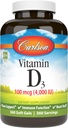 Carlson - Vitamin D3 4000 IU (100 mcg), Immune Support, Bone Health, Muscle Health, Cholecalciferol, Vitamin D Supplements, Vitamin D3 Soft Gels, 360 Softgels