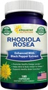 aSquared Nutrition Rhodiola Rosea Max Strength with Black Pepper Supplement - 180 Capsules - Max Absorption Powder Pills - Golden Root Herb for Stress Relief, Mood, Pure Focus & Energy - 500mg Per Cap