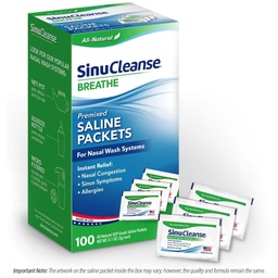 SinuCleanse Pre-Mixed Saline Packets for Sinus Rinse and Nasal Irigation Systems, 100 Count, Made in USA, All-Natural, Pharmaceutical Grade and PH Balanced