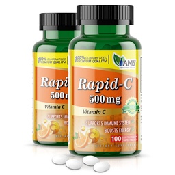 America Medic & Science Rapid-C 500mg συμπλήρωμα βιταμίνης C (2 Pack of 100 Tablets) Ενεργειακός ενισχυτής, Καθημερινή υποστήριξη ανοσοποιητικού συστήματος, Αντιοξειδωτικό 