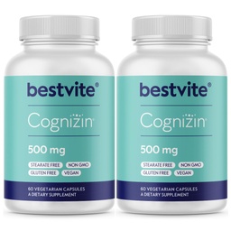 BESTVITE Cognizin Citicoline 500mg (120 κάψουλες χορτοφαγικής) (60x2) - Κλινικά Σπουδές Premium Nootropic Choline - Όχι Stearates - Vegan - Χωρίς γλουτένη - Συμπληρώματα εγκεφάλου για τη μνήμη και την εστίαση