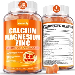 Ασβέστιο 1200 mg με Βιταμίνη D3 Gummies για Ενήλικες - Κιτρικό Ασβέστιο με Βιταμίνη D3 K2, Μαγνήσιο, Ψευδάργυρο, Βόριο, Χαλκό και Ashwagandha - Συμπλήρωμα Ασβέστου για Γυναίκες Άνδρες