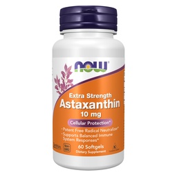 NOW Συμπληρώματα τροφίμων, Ασταξανθίνη 10mg, Extra Strength, που προέρχεται από μη ΓΤΟ Haematococcus Pluvialis Microalgae και έχει φυσικά συμβεί Lutein, Canthaxanthin και Beta-Carotene, 60 Softgels