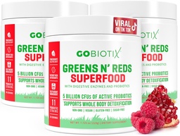 GOBIOTIX Super Greens and Reds Powder - Κόκκινο και Πράσινο Superfood - Probiotic Supplement - Digestive Enzymes and Beet Root Powder - Βιολογικό συμπλήρωμα διατροφής (Pom Raspberry, 3 Pack)