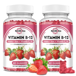 Βιταμίνη B12 Σύμπλεγμα Gummies - 5000 mcg Μεθυλοκοβαλαμίνη με σίδηρο, βιταμίνη C, D3 & Folate, Ενεργειακή Υποστήριξη & Μεταβολισμός, Ανοσοποιητικό, B-12 Μασώμενα συμπλήρωμα για άνδρες & γυναίκες, γεύση φράουλα, 2 συσκευασία