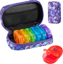 Serfeymi Weekly Travel Pill Organizer 2 φορές A Day AM PM Αναβάθμιση Rainbow Pill Box 7 Day with Portable Zipper Canvas Pill Case, Medicine Organizer for Pills, Vitamins, Fish Oils - Purple 01