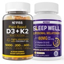 NEVISS Vitamin D3K2 5000IU Gummies + Melatonin 60mg for Adults Bundle