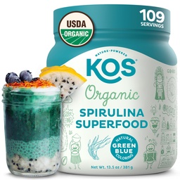 KOS Organic Spirulina Powder - USDA Certified Organic, 109 Σερβιέτες Superfood Powder για Smoothies & Juces, μη ακτινοβολημένα Blue Green Algae, Plant Based with Antioxidants, Vegan (13.5oz)