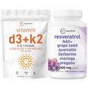Micro Ingredients Vitamin D3 5,000iu + K2 100mcg Softgels & Resveratrol NAD Supplements 3,000mg Veggie Capsules | 2 Pack Bundle | D & K Sunshine Vitamins | Antioxidant Blend with Quercetin & Berberine