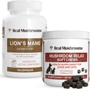 Real Mushrooms Lion’s Mane for Humans (120ct) & Mushroom Pet Relax Chews (60 Chews) - Bundle for Cognation & Relaxation - Vegan, Non-GMO, Gluten-free, Χωρίς κόκκους Συμπληρώματα Εκχυλίσματος Mushroom