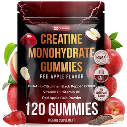 120 Creatine Monhydrate Gummies. W/ Vitamin C & B6, Black Pepper, Red Apple | Vegan, Non-GMO, Sugar-Free.