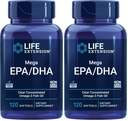 Life Extension Mega EPA/DHA, Omega-3 Fatty acids, Heart & Brain Health, Non-GMO, Gluten-Free, 120 softgels (Pack of 2)