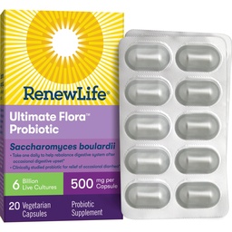 Renew Life Ultimate Flora Probiotic Capsules, Daily Supplement Relieves Occasional Digestive Upset and Diarrhea, Saccharomyces Boulardii, Dairy, Soy and gluten-free, 6 Billion CFU, 20 Count