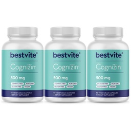 BESTVITE Cognizin Citicoline 500mg (180 κάψουλες χορτοφαγικής) (60x3) - Κλινικά Σπουδές Premium Nootropic Χολίνη - Όχι Stearates - Vegan - Χωρίς γλουτένη - Συμπληρώματα εγκεφάλου για τη μνήμη και την εστίαση