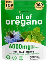 vivcmin Oregano Oil, 300 Softgels, 150 Days Supply - 6000mg Oil of Oregano with Black Seed Oil for Immune & Digestive Support, aceite de Oregano with High Carvacrol & Thymoquinone, Non-GMO