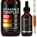 Organic Vitamin B Complex Drops for Men & Women | Vitamin B12 Methylcobalamin, B6, B1, B9 for Metabolic Health Support | Immune Support, Non-GMO, Gluten Free - 2 Month Supply 60ML