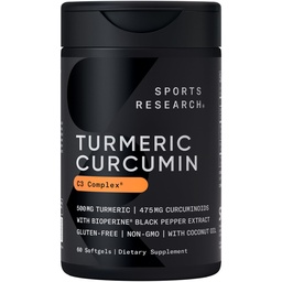 Sports Research Turmeric Curcumin C3 Complex 500 mg, Ενισχυμένο & Μαύρο Πιπέρι και Βιολογικό Λάδι Καρύδας για Καλύτερη Απορρόφηση; Μη ΓΤΟ και Χωρίς Γλουτένη - Τυποποιημένα 95% Κουρκουμινοειδή (60 Count Softgels)