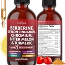 Berberine with Ceylon Cinnamon Supplement Liquid Drops + Bitter Melon Extract, Glucomannan, Gymnema, Chromium, Turmeric, Panax Ginseng, Moringa - 2 OZ
