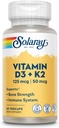SOLARAY Vitamin D3 K2 - Συμπλήρωμα για την υγεία των οστών και το ανοσοποιητικό - με 5000 IU βιταμίνης D ως VIT D3 και 50 mcg βιταμίνης K2 ως Menoquinone MK7, Made Without Soy, 60-Day εγγύηση, 60 Serv, 60 VegCaps