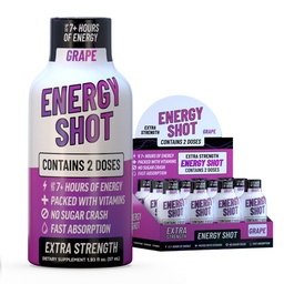 Grape Extra Strength Energy Shot 12 pk – 260mg Natural Caffeine B12 B6 – Energy & Focus Support – 2 Servings Sugar Free Zero Calorie Green Tea B-Vitamins Electrolytes Vegan – 1.93 fl oz