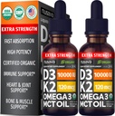 (2 Pack) Extra Strength Organic Vitamin D3 K2 Drops with MCT Oil, Omega 3, 10000 IU - Vitamin D Liquid, No Fillers, Non-GMO D3 for Faster Absorption and Immunity, Unflavored - (2 Fl Oz, 60 Servings)