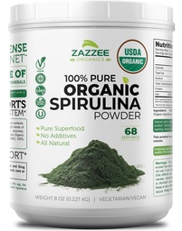 Zazzee USDA Organic Spirulina Powder, 8 ουγγιά, 68 μερίδες, Certified Kosher, 100% καθαρό, μη ακτινοβολημένο, Mess-free Wide Mouth Container, Φρέσκια μυρωδιά και Ουδέτερη γεύση, Μη ΓΤΟ, Κατασκευασμένο στις ΗΠΑ