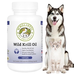 Wholistic Pet Organics Krill Oil for Dogs and Cats - Premium Antioxidant Support for Pets - Cat and Dog Skin and Coat Supplement with EPA, DHA, Astaxanthin - Omega 3 for Dogs and Cats - 200 Soft Gels