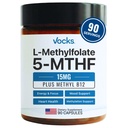 Vocks L Methylfolate 15mg 5-MTHF + Methyl B12 | High Potency Methylfolate Supplement | Active Methylated Folate Vitamin B9 | MTHFR Supplement| Folate Supplement for Women & Men | 90 Capsules