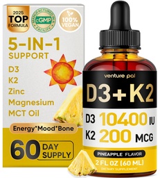 Venture Pal 5-σε-1 Βιταμίνη D3 10000 IU & K2 ως MK-7 200mcg με Μαγνήσιο, MCT Oil, Ψευδάργυρος, ζάχαρη-ελεύθερος Βιταμίνη D Liquid 