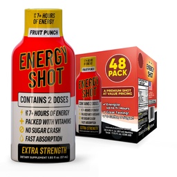 Fruit Punch Extra Strength Energy Shot 48 pk – 260mg Natural Caffeine B12 B6 – Energy & Focus Support – 2 Servings Sugar Free Zero Calorie Green Tea B-Vitamins Electrolytes Vegan – 1.93 fl oz