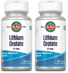 KAL Lithium Orotate 5 milligrams | Low Serving of Chelated Lithium Orotate for Bioavailability and Mood Support | in Organic Rice Bran Extract Base | 120 VegCaps (Pack of 2)