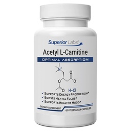 Superior Labs Acetyl L-Carnitine 500 mg, High Potency ALCAR, Pure Non-GMO, Zero Synthetic Additives, Maximum Absorption, Energy & Fat Metabolism, Brain, Nerve & Cellular Detox Support, (60 Veg Caps)