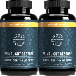 Primal Harvest 2 Pack, Restore for Gut Health, Primal Gut Restore w/POSTbiotics, PREbiotics and Probiotics for Women and Men, 60 CT - Digestion, Colon Cleanse, Helps Leaky Gut Repair
