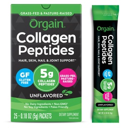 Orgain Hydrolyzed Collagen Peptides Travel Packets για γυναίκες και άνδρες - 5g Grass Fed Collagen Per Serving, Hair, Skin, Nail & Joint support Supplement, Non-GMO, Type I & III - Χωρίς γεύση (25 Count)