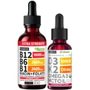 NUSAVA (2 Pack) Extra Strength Liquid Vitamin B12 Sublingual Vitamin B Complex (Raspberry) - (2-Pack) Vitamin D3 K2 Drops, B12 5000 mcg Sublingual, D3 5000 IU with MCT Oil and Omega 3 (Strawberry)