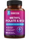 L-Methylfolate Supplement with Methyl B12 Cofactor, High Potency Bioactive Folate 1000 mcg & Vitamin B12 1000 mcg, Heart Health, Nerves, Cognition, Energy Metabolism, Mood, 60 Veg Caps