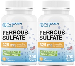 Puregen Labs Ferrous Sulfate 325 mg (65 mg Elemental Iron) High Potency Iron Supplement 