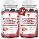 (2 Pack)16 in 1 Cayenne Pepper Gummies- Sugar-Free Capsaicin Supplements Complex w/Moringa, Hawthorn, Beet Root - Plus Wormwood, Citrus Bergamot Support Circulation* & Overall Wellness* - 60 CT