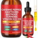 Cayenne Pepper Drops, Liquid Cayenne Pepper Organic, Cayenne Health Supplements, Cayenne Pepper Hawthorn Beet Root Turmeric Curcumin, Vitamin K2 & D3, Vegan-Friendly- 2 Fl Oz