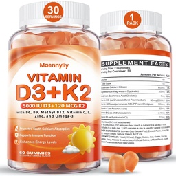 Βιταμίνη D3 K2 Gummies για Ενήλικες - Βιταμίνη D3 5000IU + K2 (MK-7) 120mcg - Χωρίς ζάχαρη D3 και K2 συμπληρώματα με Omega-3, Methyl B12, B9, B6, Βιταμίνες Ε & Ψευδάργυρο - για Ασβέστιο Απορρόφηση & Ανοσοποιητική Υγεία
