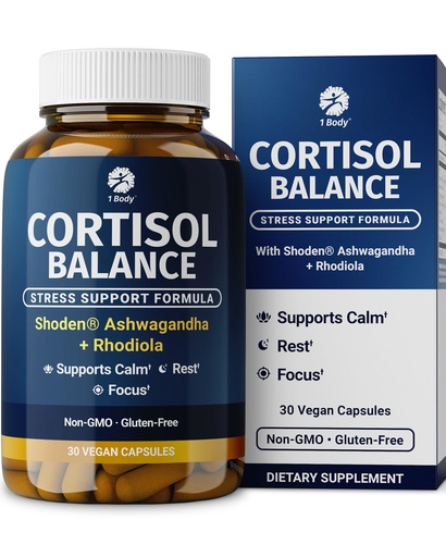 1 Body Cortisol Support for Women & Men – Ashwagandha, Phosphatidylserine & Saffron – Stress Relief, Calm Mood, Balanced Energy & Sleep Support – Vegan