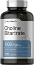 Horbaach Choline Bitartrate Supplement | 1000mg | 250 Capsules | High Potency | Non-GMO, Gluten Free