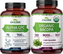 Zazzee Herbal Mind & Memory Support Bundle | USDA Organic Bacopa 30:1 Extract Plus Alpha GPC Choline Capsules | Non-GMO Vegan & ISO Lab Tested