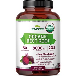 Zazzee USDA Organic Beet Root 20:1 Extract, 60 Vegan Quick Release Capsules, 2 Month Supply, Nitric Oxide Support, Black Pepper Extract for Enhanced Absorption, Certified Kosher, Non-GMO, Made in USA