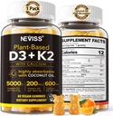 Βιταμίνη D3 5000iu & K2( ως MK7 ) 200mcg Gummies + 600mg Ασβέστιο, με έλαιο καρύδας για υψηλή απορρόφηση, μέγιστη δύναμη Βιταμίνη D3 K2 συμπλήρωμα - Υποστήριξη για τα οστά μυϊκά δόντια Ανοσοποιητικό, Vegan 60 Count