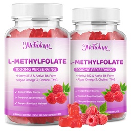 L-Methylfolate (5-MTHF) Gummies 1000mcg, Advanced Folate Supplement for Women & Men with Methyl B12, Choline, TMG & Omega-3 for Energy Support, Sugar Free Raspberry Flavor, Vegan 120 Count